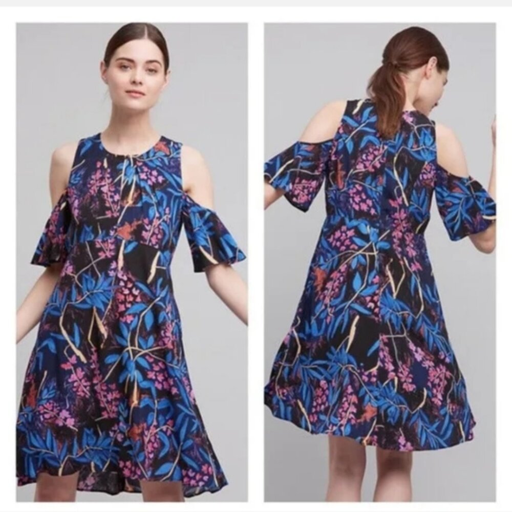 Maeve for Anthropologie Elia Floral Cold Shoulder Midi Dress Blue Pink Women's 8